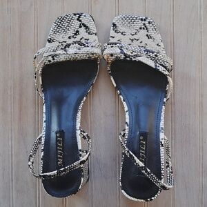 Mijili Snake Skin Print Short Block Heel Square Toe Slingback Strappy Sandals